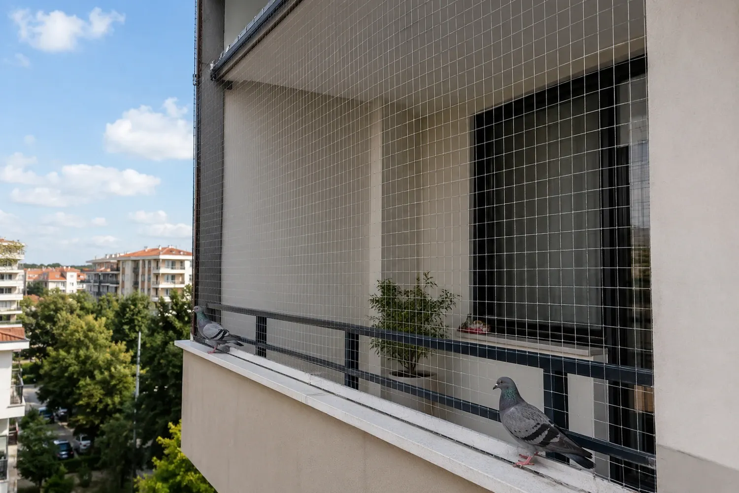 Modern balkona gerilmiş kuş önleme filesi, dışarıda korkulukta tüneyen güvercinler